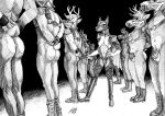  2022 anthro antlers balls bdsm boots bottomwear bulge butt canid canine canis cervid cervine chaps chastity_cage chastity_device clothed clothing cuffs_(clothing) discipline dobermann domestic_dog dominant dominant_male eyewear footwear gas_mask genitals gloves goggles group hands_behind_back handwear harness hat headgear headwear hi_res horn legwear male mammal mask momamo multiple_subs_one_dom muscular muscular_anthro muscular_male partially_clothed pinscher riding_crop simple_background size_difference small_dom_big_sub solo_focus standing standing_at_attention standing_in_line submissive submissive_male traditional_media_(artwork) training uniform whip 