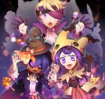  1girl 2boys :d acerola_(pokemon) allister_(pokemon) bangs bead_bracelet beads blonde_hair bracelet brown_headwear candy_wrapper claw_pose commentary_request drifloon gengar gloves hands_up hat headband hood hood_up huan_li jewelry medium_hair morty_(pokemon) multiple_boys official_alternate_costume open_mouth orange_shorts pikachu pokemon pokemon_(game) pokemon_masters_ex pumpkaboo purple_eyes purple_hair sandygast short_hair shorts shuppet single_glove smile teeth tongue upper_teeth 