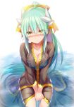  1girl bangs bikini bikini_under_clothes black_kimono blue_bikini blush bow breasts cleavage detached_collar dragon_girl dragon_horns fate/grand_order fate_(series) green_hair hair_bow highres horns japanese_clothes kimono kiyohime_(fate) long_hair long_sleeves looking_at_viewer medium_breasts multiple_horns off_shoulder ponytail see-through sen_(astronomy) swimsuit thighs water wet wet_clothes wide_sleeves yellow_bow yellow_eyes 
