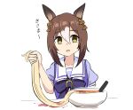  1girl ai_drawing_anime_characters_eating_ramen_(meme) animal_ears bangs bow bowl bowtie brown_hair clover_hair_ornament empty_eyes fine_motion_(umamusume) food hair_between_eyes hair_ornament holding holding_food horse_ears looking_at_viewer meme multicolored_hair noodles open_mouth purple_shirt sailor_collar school_uniform shirt short_sleeves solo table tenten_(chan4545) tracen_school_uniform translation_request two-tone_hair umamusume white_background 