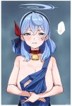  ... 1girl absurdres ako_(blue_archive) anger_vein apron bare_shoulders bell blue_archive blue_eyes blue_hair blush breasts cleavage clenched_teeth collar hair_ribbon hairband halo highres hizikit large_breasts long_hair looking_at_viewer neck_bell ribbon solo spoken_anger_vein spoken_ellipsis teeth 