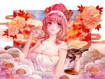  1girl absurdres autumn_leaves bangs bath bathing blush border breasts choko_(cup) cleavage closed_mouth commentary cup english_commentary flower hair_bun hair_flower hair_ornament highres holding holding_cup large_breasts leaf looking_away looking_to_the_side maidmafia maple_leaf medium_hair naked_towel onsen orange_flower original outside_border partially_submerged pink_eyes pink_hair rock sidelocks smile solo steam tokkuri towel upper_body water wet white_border 
