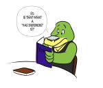  2021 3_fingers absurd_res alligator alligatorid anthro biped book brok_(character) brok_the_investigator clothing crocodilian dialogue english_text fingers green_body hi_res humanoid_hands reading reptile scalie shirt sitting sobieniak solo text topwear video_games 
