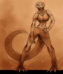  anthro athletic athletic_anthro athletic_female athletic_wear breasts claws female hand_on_hip hi_res inktober lizard loafofbirb looking_at_viewer monitor_lizard reptile scales scalie scaly_tail solo toe_claws tongue tongue_out weretober 