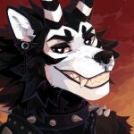  1:1 absurd_res anthro black_body black_collar black_eyes black_fur black_horn black_nose bust_portrait canid cheek_tuft cloud collar corzh77 ear_piercing facial_piercing facial_tuft fangs fur gauged_ear grin hi_res horn looking_at_viewer male mammal neck_tuft nose_piercing nose_ring piercing portrait pupils ring_piercing septum_piercing septum_ring simple_background smile solo spiked_collar spikes striped_horn stripes three-quarter_view tuft unsigned white_body white_fur white_horn white_pupils 