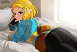  1girl absurdres ass black_pants blonde_hair braid fingerless_gloves french_braid gloves green_eyes hair_ornament hammerofsolace highres long_sleeves looking_back lying on_bed on_stomach pants pillow pointy_ears princess_zelda short_hair solo the_legend_of_zelda the_legend_of_zelda:_breath_of_the_wild the_legend_of_zelda:_tears_of_the_kingdom 