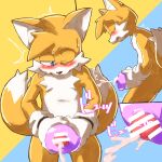  1:1 2_tails anthro black_nose blush bodily_fluids canid canine censor_bar censored clothing cum cumshot ejaculation erection fox fur genital_fluids genitals glans gloves handwear hi_res ineffective_censorship japanese_text jimnydaisuki male mammal miles_prower motion_lines multi_tail one_eye_closed penetrable_sex_toy penetration penile penile_penetration penis sega sex sex_toy simple_background solo sonic_the_hedgehog_(series) sweat text white_body white_fur yellow_body yellow_fur 