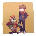  anthro avian bandai_namco beak bird blue_eyes brown_body brown_feathers digimon digimon_(species) digimon_survive duo falcomon falcomon_(survive) feathers human male mammal minoru_hyuga mofumi_corvus 