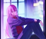  1girl against_window chewing_gum city_lights denim denim_jacket hero_(bad_end_theater) highres hololive hololive_english indoors jacket jeans long_hair looking_at_viewer mori_calliope muwon open_clothes open_jacket pants pink_eyes pink_hair red_shirt shirt sidelocks sitting solo straight_hair turtleneck virtual_youtuber 