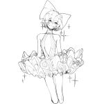  1other androgynous bangs bare_shoulders blush bob_cut bow cropped_legs diamond_(houseki_no_kuni) dress flower-trimmed_dress flower_trim greyscale hair_bow head_tilt highres houseki_no_kuni juliet_sleeves leuvenklasse long_sleeves looking_at_viewer monochrome other_focus plunging_neckline puffy_sleeves short_dress short_hair simple_background solo sparkle 
