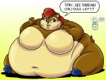  2012 4_fingers anthro archie_comics bedroom_eyes belly big_belly black_nose blue_eyes boots breasts brown_body brown_fur chipmunk clothing dialogue digital_media_(artwork) featureless_breasts female fingers footwear fur gradient_background ground_squirrel hair half-closed_eyes hyper hyper_belly mammal morbidly_obese morbidly_obese_anthro morbidly_obese_female narrowed_eyes navel obese obese_anthro obese_female open_mouth open_smile overweight overweight_anthro overweight_female red_hair rodent royaljellysandwich sally_acorn sciurid scut_tail seductive sega short_tail signature simple_background sitting smile solo sonic_the_hedgehog_(archie) sonic_the_hedgehog_(comics) sonic_the_hedgehog_(series) tan_body tan_fur 