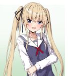  1girl :o angry bangs black_ribbon blonde_hair blue_eyes blush fang gradient gradient_background hair_ribbon highres long_hair necktie open_mouth red_necktie ribbon saenai_heroine_no_sodatekata sailor_collar sawamura_spencer_eriri school_uniform serafuku shirt sidelocks skin_fang solo sweater_vest takanashi_kei_(hitsujikan) twintails upper_body v-shaped_eyebrows very_long_hair white_sailor_collar white_shirt 