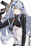  1girl absurdres bangs blush english_commentary girls&#039;_frontline green_eyes grey_hair gun hair_between_eyes hair_ornament highres hk416_(girls&#039;_frontline) hk416_(midnight_evangelion)_(girls&#039;_frontline) holding holding_gun holding_weapon leotard long_hair looking_at_viewer mimelond official_alternate_costume rifle simple_background solo teardrop_facial_mark teardrop_tattoo weapon weibo_logo weibo_username white_background 