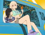  2girls bare_shoulders black_hair blonde_hair casual crop_top food ground_vehicle hair_ribbon hands_on_another&#039;s_waist highres inoue_takina long_hair lycoris_recoil midriff motor_vehicle multiple_girls nishikigi_chisato popsicle red_eyes refrigerator ribbon shoes short_hair shorts sitting sneakers suspenders van xuaniiu 