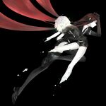  2others amputee androgynous bangs belt black_background black_footwear black_gloves black_hair black_necktie black_thighhighs bort carrying cracked_skin diamond_(houseki_no_kuni) elbow_gloves fleeing from_side full_body gem_uniform_(houseki_no_kuni) gloves hand_up highres houseki_no_kuni injury loafers long_hair looking_away multicolored_hair multiple_others necktie other_focus pale_skin profile pudding375 puffy_short_sleeves puffy_sleeves quadruple_amputee red_hair running shards shoes short_hair short_jumpsuit short_sleeves simple_background sparkle streaked_hair thighhighs torn_thighhighs two-tone_hair very_long_hair white_hair white_thighhighs 