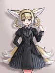  1girl :d absurdres animal_ear_fluff animal_ears arknights arm_behind_back bangs black_dress black_hairband blonde_hair blush braid brown_background commentary dress english_commentary fox_ears fox_girl fox_tail green_eyes hair_between_eyes hair_rings hairband hand_up highres juliet_sleeves kitsune long_sleeves looking_at_viewer multicolored_hair pleated_dress puffy_sleeves rylaera shadow simple_background smile solo standing suzuran_(arknights) tail twin_braids two-tone_hair white_hair 