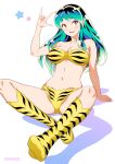  animal_print arm_support artist_name bangs bare_arms bikini boots breasts brown_eyes cleavage collarbone commentary_request crotch green_hair highres horns joy_ride lum medium_breasts navel open_mouth print_bikini simple_background sitting smile spread_legs star_(symbol) swimsuit thigh_boots tiger_print urusei_yatsura white_background yellow_bikini 