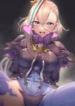  1girl :d absurdres aqua_hair asymmetrical_clothes black_background breasts covered_navel curecycadura dutch_angle fate/grand_order fate_(series) gloves grey_hair hair_between_eyes heart highres huyan_zhuo_(fate) large_breasts long_hair looking_at_viewer multicolored_hair open_mouth purple_eyes single_pantsleg single_thighhigh sitting smile solo streaked_hair thighhighs 
