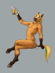  5_fingers alcohol anthro beer beer_glass beverage blonde_hair blue_eyes brown_body brown_fur butt digital_media_(artwork) drunk equid equine fingers fur golden_wing hair hi_res hooves horse looking_at_viewer male mammal mane multicolored_body muscular muscular_anthro muscular_male nipples nude simple_background smile solo substance_intoxication teeth tgt1512 white_body white_fur 