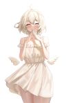  1girl ^_^ absurdres blonde_hair blush closed_eyes collarbone commission dress hair_between_eyes highres lkdv low_wings original short_hair simple_background smile solo thighs white_background white_dress white_hair white_wings wings 