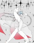  1other alexandrite_(houseki_no_kuni) androgynous arm_up ball_and_chain_(weapon) battle blood blood_on_face blue_hair cracked_skin feet_out_of_frame floating_hair from_side gradient_hair grey_hair groin holding holding_weapon houseki_no_kuni leotard leuvenklasse long_hair long_sleeves looking_away moon_uniform_(houseki_no_kuni) multicolored_hair nail_polish other_focus profile puffy_long_sleeves puffy_sleeves red_hair see-through shards showgirl_skirt simple_background solo sparkle standing very_long_hair weapon 
