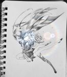  2others amputee androgynous belt blurry bokeh bort carrying charging_forward crystal depth_of_field diamond_(houseki_no_kuni) gem_uniform_(houseki_no_kuni) graphite_(medium) greyscale highres holding holding_sword holding_weapon houseki_no_kuni long_hair monochrome multiple_others other_focus outstretched_arm photo_(medium) pudding375 running shards shoes short_hair sideways_glance sketchbook sparkle sword thighhighs torn_thighhighs traditional_media triple_amputee very_long_hair weapon 