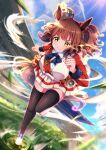  absurdres animal_ears aston_machan_(umamusume) breasts brown_hair cloud commentary crown green_eyes hero_(10cl3) highres horse_ears horse_girl horse_tail large_breasts leg_up looking_at_viewer racetrack running sky smile tail thighhighs umamusume 