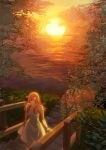  1girl dress highres long_hair looking_at_viewer o-ring original panmijin99 pier red_eyes scenery stairs standing sunset water white_dress 