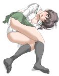  1girl ass bangs black_socks blouse blush bra breasts bright_pupils brown_hair commentary crotch_seam elf_(stroll_in_the_woods) girls_und_panzer green_skirt highres koyama_yuzu long_sleeves looking_at_viewer lying medium_breasts medium_hair miniskirt no_shoes on_side ooarai_school_uniform open_clothes open_mouth open_shirt panties pleated_skirt sailor_collar school_uniform serafuku shirt simple_background skirt socks solo textless_version underwear white_background white_bra white_panties white_pupils white_sailor_collar white_shirt 