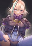  1girl :d absurdres aqua_hair asymmetrical_clothes black_background breasts covered_navel curecycadura dutch_angle fate/grand_order fate_(series) gloves grey_hair hair_between_eyes highres huyan_zhuo_(fate) large_breasts long_hair looking_at_viewer multicolored_hair open_mouth purple_eyes single_pantsleg single_thighhigh sitting smile solo streaked_hair thighhighs 