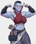  2022 abs absurd_res armor biceps black_hair blue_body blue_skin bracers breasts elf female flexing hair hammer hand_wraps hi_res humanoid humanoid_pointy_ears midriff muscular muscular_female not_furry solo speedl00ver tool_belt tools wraps 