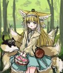  1girl :d absurdres animal animal_ear_fluff animal_ears arknights bag basket black_cat black_hairband black_ribbon blonde_hair blue_skirt blush brown_jacket cat commentary crossover day english_commentary flower fox_ears fox_girl fox_tail frilled_hairband frills green_eyes hairband heixiu highres holding holding_basket jacket kyuubi long_hair long_sleeves looking_at_viewer luoxiaohei multicolored_hair multiple_tails neck_ribbon on_head open_clothes open_jacket outdoors pink_flower puffy_long_sleeves puffy_sleeves ribbon rylaera shirt shoulder_bag sketch skirt smile suzuran_(arknights) suzuran_(spring_praise)_(arknights) tail the_legend_of_luo_xiaohei tree two-tone_hair very_long_hair white_hair white_shirt 