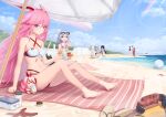  6+girls :d absurdres animal_ears bad_id bad_pixiv_id ball barefoot beach beach_mat beach_umbrella beachball bikini black_hair blue_bikini blue_eyes blue_sky braid breasts bronya_zaychik cleavage closed_eyes closed_mouth crab drill_hair drink drinking_straw drinking_straw_in_mouth eyewear_on_head flip-flops fox_ears fox_girl fox_tail fu_hua full_body grey_eyes grey_hair highres higokumaru holding holding_surfboard honkai_(series) honkai_impact_3rd innertube jet_ski kallen_kaslana kiana_kaslana legs long_hair multiple_girls murata_himeko navel nieun3568 one-piece_swimsuit open_mouth outdoors pink_hair ponytail purple_bikini purple_eyes raiden_mei red_hair sailor_collar sand sand_castle sand_sculpture sandals seiza side_ponytail sitting sky smile standing starfish sunglasses surfboard swimsuit tail theresa_apocalypse toes twin_braids twin_drills umbrella water waves white_bikini white_hair yae_sakura 