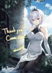  1girl biditerian black_pantyhose blurry blurry_foreground braid breasts commission elbow_gloves gloves highres medium_breasts niggurath_the_ancient_tree_branch pantyhose pixiv_fantasia pixiv_fantasia_last_saga pointy_ears sitting smile solo tree water white_gloves white_hair 