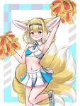  1girl absurdres animal_ear_fluff arknights arm_up armpits bangs bare_arms bare_shoulders blonde_hair blue_archive blue_hairband blush breasts cheerleader commentary cosplay english_commentary feet_out_of_frame green_eyes hair_between_eyes hairband hibiki_(blue_archive) hibiki_(blue_archive)_(cosplay) hibiki_(cheerleader)_(blue_archive) highres holding kyuubi looking_at_viewer multicolored_hair multiple_tails navel nose_blush parted_lips pleated_skirt pom_pom_(cheerleading) rylaera shoes skirt small_breasts solo standing standing_on_one_leg suzuran_(arknights) tail two-tone_hair white_footwear white_hair white_skirt 