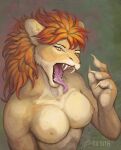  2022 absurd_res anthro breasts claws cu_sith_(artist) felid female hi_res hybrid lion mammal mane nipples pantherine simple_background solo tankana tongue tongue_out traditional_media_(artwork) yellow_eyes 