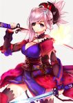 1girl bandages bangs blue_eyes breasts dual_wielding eyepatch fate/grand_order fate_(series) hairband highres holding holding_sword holding_weapon japanese_clothes jazztaki katana kimono long_hair looking_at_viewer miyamoto_musashi_(fate) one-eyed pink_hair ponytail smile solo sword thighs weapon 