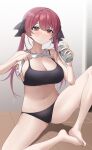  1girl 8851_(user_kpkf3322) bare_legs barefoot beer_can black_bra black_panties black_ribbon blush bra breasts can cleavage clothes_lift commentary frown hair_ribbon heterochromia highres holding holding_can hololive houshou_marine large_breasts lifted_by_self long_hair navel on_floor panties raised_eyebrows red_eyes red_hair ribbon shirt_lift sitting solo stomach tank_top thighs tile_floor tiles twintails underwear virtual_youtuber white_tank_top yellow_eyes 