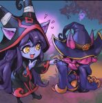  2girls :d bewitching_vex black_dress black_hair black_headwear colored_skin dress ears_through_headwear embarrassed fang grey_skin hat league_of_legends long_hair long_sleeves lulu_(league_of_legends) medium_hair multiple_girls notice_lines official_alternate_costume open_mouth orange_eyes outdoors phantom_ix_row pink_hair red_dress shiny shiny_hair sleeves_past_fingers sleeves_past_wrists smile squiggle tree vex_(league_of_legends) wicked_lulu witch_hat yordle 