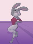  2022 4:3 anthro blush clothed clothing digital_media_(artwork) disney erect_nipples female full-length_portrait fur hi_res judy_hopps lagomorph leaning leporid looking_away mammal nipples off_shoulder on_one_leg oofwoof portrait rabbit shaded signature simple_background smile solo standing zootopia 