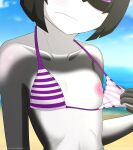  anthro beach bikini breasts canid canine close-up clothing erdfurry female flat_chested fur grey_body grey_fur hi_res leah_(erdfurry) mammal mostly_nude nipples presenting seaside small_breasts solo swimwear 