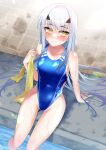  1girl bangs bare_shoulders blue_one-piece_swimsuit blush breasts collarbone fairy_knight_lancelot_(fate) fate/grand_order fate_(series) forked_eyebrows highleg highleg_swimsuit highres long_hair looking_at_viewer one-piece_swimsuit sidelocks small_breasts smile solo swimsuit thighs white_hair yellow_eyes yumeneko_nyaa 