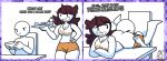  1boy 1girl breasts brown_hair cleavage clothes_pull drooling face_in_ass food hetero highres hooters jaiden_(jaiden_animations) jaiden_animations large_breasts orange_shorts semi_draws short_shorts shorts shorts_pull tank_top tray watermark web_address white_tank_top 