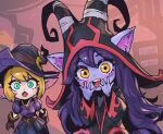  2girls :d bewitching_tristana black_dress black_headwear black_shirt black_skirt blonde_hair blush brown_gloves colored_skin crescent_moon dress ears_through_headwear fang gloves green_eyes hands_up league_of_legends lulu_(league_of_legends) moon multicolored_background multiple_girls official_alternate_costume orange_eyes phantom_ix_row puffy_short_sleeves puffy_sleeves purple_skin red_dress shiny shiny_hair shirt short_hair short_sleeves skirt slit_pupils smile teeth tristana two-tone_dress upper_teeth wicked_lulu yordle 