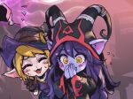  2girls :d bangs bewitching_tristana black_dress black_hair black_headwear blonde_hair blush brown_gloves closed_eyes colored_skin dress ears_through_headwear fangs flying_sweatdrops gloves hat league_of_legends long_hair long_sleeves lulu_(league_of_legends) multiple_girls official_alternate_costume open_mouth orange_eyes phantom_ix_row purple_skin red_dress smile teeth tristana wicked_lulu witch_hat yordle 