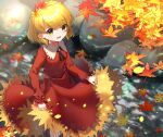  1girl aki_shizuha autumn autumn_leaves blonde_hair blush budou_zerii_98yen collared_shirt hair_ornament highres leaf leaf_hair_ornament long_sleeves maple_leaf open_mouth red_shirt red_skirt shirt short_hair skirt smile solo touhou yellow_eyes 