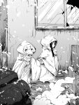  2girls absurdres aged_down black_eyes black_hair blonde_hair broken_window child chito_(shoujo_shuumatsu_ryokou) coat greyscale highres holding holding_hands light_blush low_twintails messy_hair monochrome multiple_girls open_mouth shoujo_shuumatsu_ryokou snow snowing teru_(teru11061) twintails white_coat white_footwear window yuuri_(shoujo_shuumatsu_ryokou) 