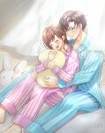  1boy 1girl artem_wing_(tears_of_themis) barefoot blue_eyes blue_pajamas blue_pants blue_shirt brown_hair closed_eyes feet highres hug hug_from_behind long_hair mirin_pengin open_mouth pajamas pants pillow pink_pajamas pink_pants pink_shirt rosa_(tears_of_themis) shirt short_hair striped striped_pajamas striped_pants striped_shirt tears_of_themis 