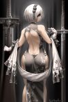  1girl alternate_costume ass back back_cutout black_flower black_panties black_rose blindfold breasts burnt_green_tea china_dress chinese_clothes clothing_cutout dress flower from_behind gloves hair_flower hair_ornament hairband highres large_breasts nier_(series) nier_automata panties rose shawl short_hair solo tassel tassel_hair_ornament thighs underwear white_gloves white_hair yorha_no._2_type_b 