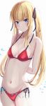  bangs bikini black_ribbon blonde_hair blue_eyes blush breasts fang hair_ribbon highres inaka_44 long_hair long_legs navel red_bikini ribbon saenai_heroine_no_sodatekata sawamura_spencer_eriri small_breasts swimsuit thighhighs twintails 